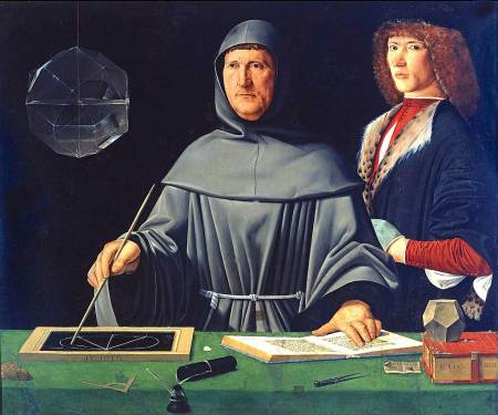 Luca Pacioli avec son élève Guidobaldo Ier de Montefeltro (1495), tableau attribué à Jacopo de Barbari, musée Capodimonte de Naples.