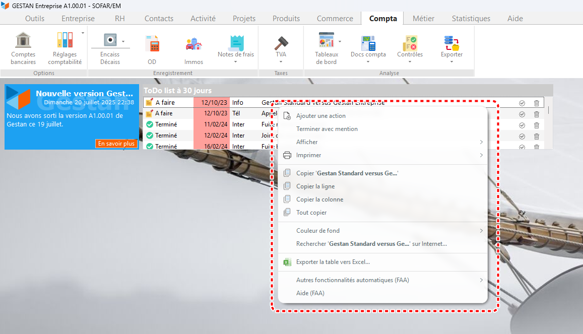 Le menu contextuel de la ToDoList