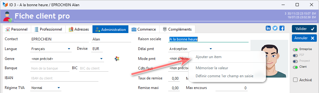 Menu Ajouter un item disponible pour la combo des délais de paiements de la fiche contact